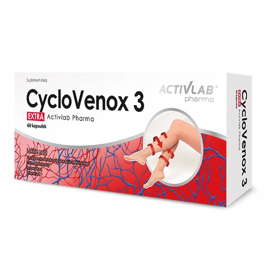 AktivLab CycloVenox 3 EXTRA Kapseln, Nahrungsergänzungsmittel in einer offenen Packung mit 60 Kapseln.