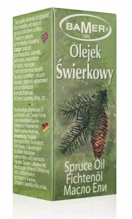 Natürliches Fichtenöl in 7 ml Flasche, ätherisches Öl von Dystrybutor Biogo.pl, zeigt eine Flasche auf weißem Hintergrund
