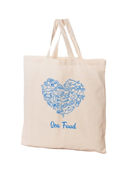 Bunte Sea Food Baumwolltasche von FRASPO mit Meeresfrüchte-Design, langlebig und umweltfreundlich, perfekt für den Einkauf.