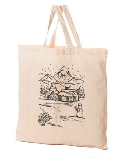 Schwarze Baumwolltasche aus der Winter House Serie von FRASPO, mit winterlichem Design und robustem Griff.