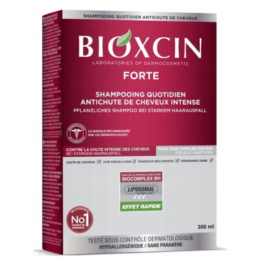 Bioxcin DG Forte Shampoo von BIOBLAS, 300 ml Flasche, mit pflegender Formel für gesundes Haar und Kopfhaut, sichtbar in der Flasche