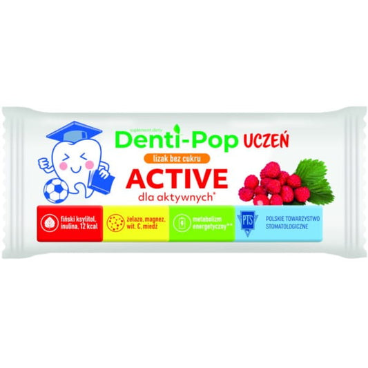 Lutschbonbon Starpharma Denti-Pop Student ACTIVE, einzelne Packung mit blauer Verpackung und Fruchtgeschmack