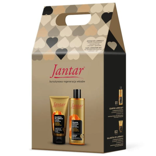 Jantar Laminier-Set für geschädigtes Haar von JANTAR FARMONA, inklusive Flasche und Behandlungskit, auf weißem Hintergrund.