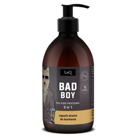LAQ Bad Boy Duschgel 8in1, 500 ml Flasche mit gelartiger Textur, für Männer, zeigt die Verpackung und Produktdetails