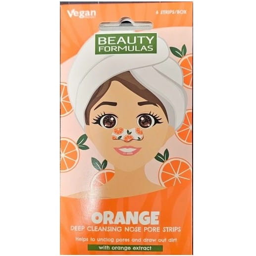 Nasenstreifen von BEAUTY FORMULAS, tiefenreinigend, orange, für porentief saubere Haut, zeigt die Anwendung auf der Nase