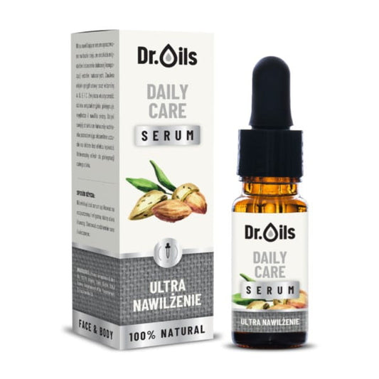 Gesichtssaaum Serum Dr. Oils Tägliche Pflege, 30 ml, für feuchtigkeitsspendende Hautpflege, in einer weißen Flasche mit Pipette.