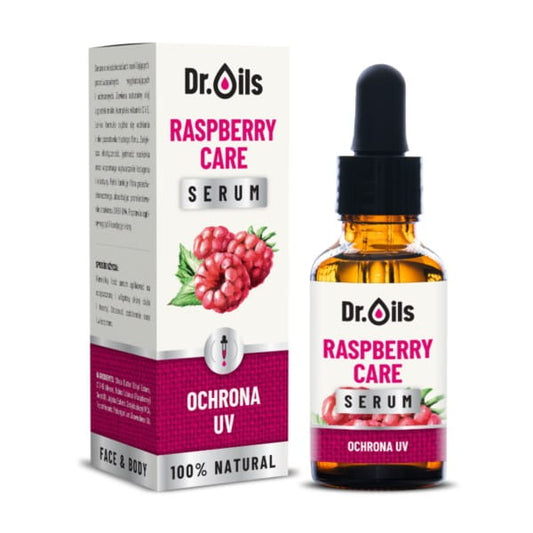 Himbeerserum von Dr. Oils in 30 ml Flasche, natürliche Hautpflege mit fruchtigem Duft, auf einem weißen Hintergrund.