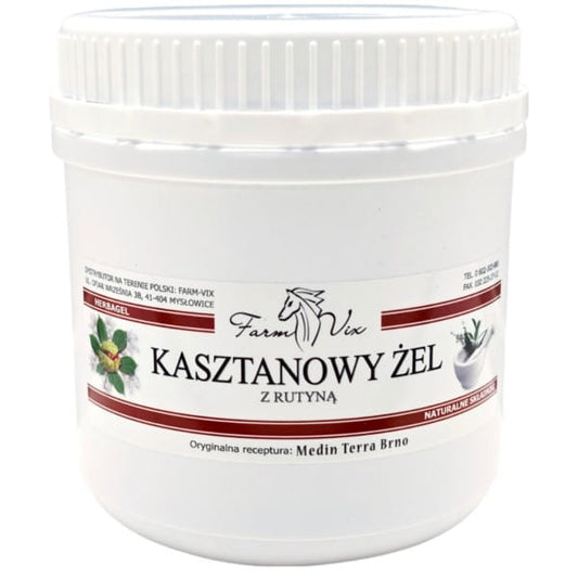 Farm-vix Kastanien-Gel mit Rutin, 600 g, in einer offenen Packung mit Gel und Kastanien, von Dystrybutor Biogo.pl