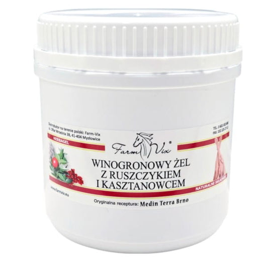 Farm-vix Grapefruit-Gel mit Ruscus und Kastanie in 600 ml Flasche, sichtbar mit Grapefruit- und Kräuterbestandteilen