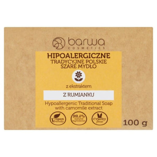 Barwa hypoallergene Kamille Grau Seife, 100 g, mit Kamillenextrakt, zeigt die graue Seifenform und die Verpackung.