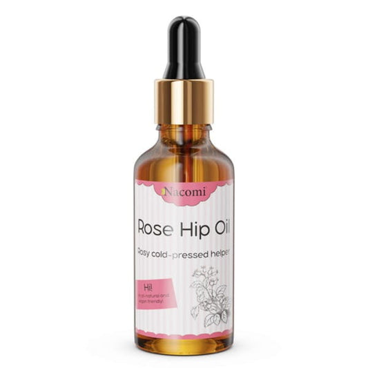 Natürliches Nacomi Wildrosenöl in 50ml Bio-Flasche, reich an Pflegeeigenschaften, sichtbar in einer eleganten Flasche.