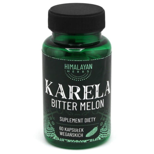 Himalaya KARELA Bittere Melone, 60 Kapseln, Dystrybutor Biogo.pl, zeigt die Bittermelone in einer Verpackung.