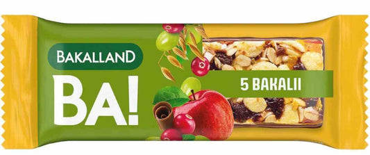 Bakalland Ba! Müsliriegel mit 5 Nüssen, 40 g, zeigt die Riegelverpackung mit Nüssen und Müsliflocken.