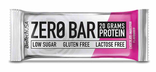 BioTech USA Zero Bar 50g mit Schokolade- und Marzipangeschmack, runde Proteinriegel mit cremiger Füllung und Schokoladenüberzug