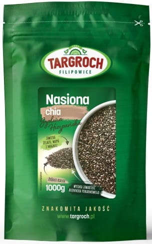 Chia-Samen in 1000 g Packung, TAR-GROCH-FIL, Nahaufnahme der schwarzen Samen in einer transparenten Verpackung