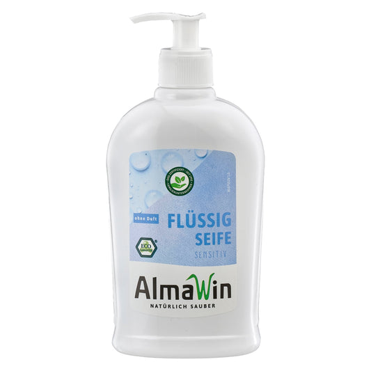 Sanfte ALMAWIN Sensitive Eco Seife in 500 ml Flasche, umweltfreundliche Reinigungsseife mit natürlicher Formel.