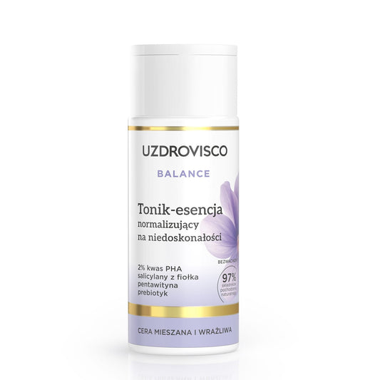 Normalisierendes Gesichtswasser von UZDROVISCO, 150 ml, für ausgeglichene Haut, zeigt die Flasche und das Produkt.