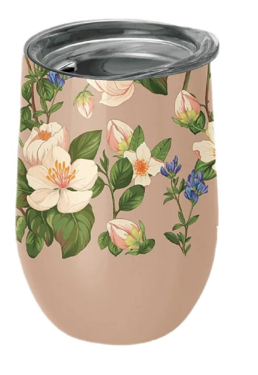 Edelstahlbecher mit Deckel in Beige mit Blumenmuster, 420 ml, CHIC-MIC Küchenaccessoire, ideal für Getränke unterwegs