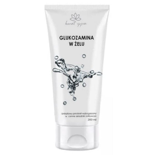 Weißes Pharma Glucosamin-Gel in einer Tube, sichtbar auf einem weißen Hintergrund, für Gelenk- und Knorpelpflege.