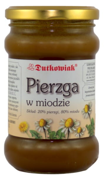 Dutkowiak Dutkowiak Spreu in Honig 400g, nahaufnahme der goldenen Honig-Spreu in einer Packung
