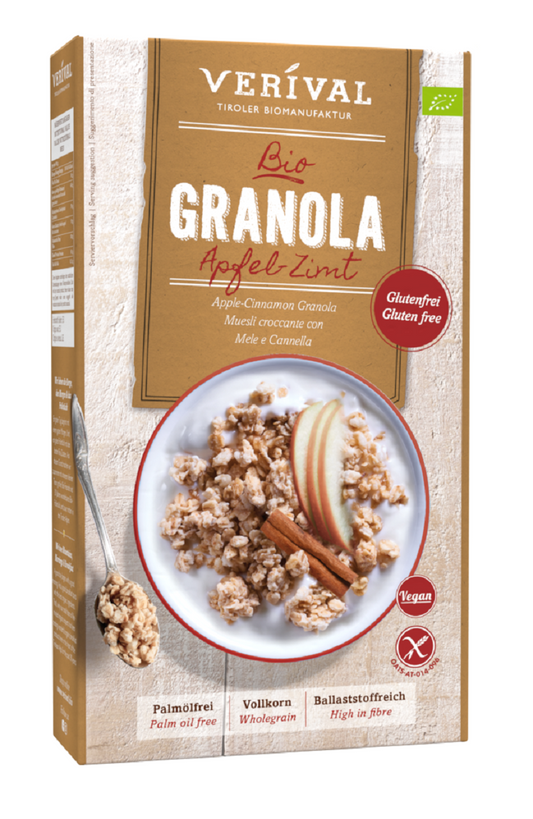 Glutenfreies BIO-Granola mit Apfel und Zimt von VERIVAL, knusprige Frühstücks-Mischung in 325 g Packung