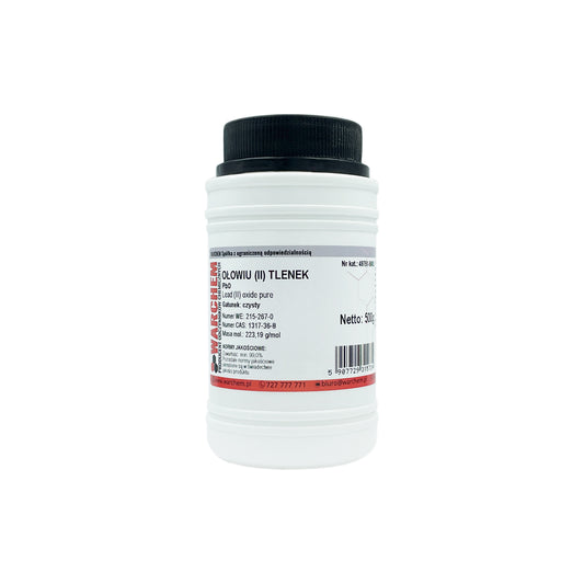 Reines Blei(II)-oxid in 500g Verpackung von WARCHEM, chemische Substanz mit weißem Pulver, ideal für Laboranwendungen.