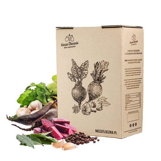 Rote-Bete-Sauerteig mit Knoblauch und Gewürzen in 3l, bio, von Biogo.de, zeigt den Sauerteig in einer Verpackung.