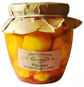 Dosenpastete mit Chili von LUNIAK, 500g, in einer offenen Dose mit Chili-Flocken und Pastete im Inneren sichtbar.