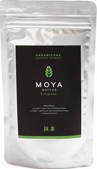 Grüner Matcha-Tee in Pulverform, BIO, 100 g, von MOYA MATCHA, in einer transparenten Verpackung.