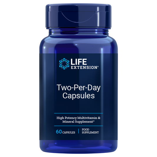 ZweiPerDay Kapseln von Life Extension, 60 Kapseln, Nahaufnahme der weißen Nahrungsergänzungskapseln in einer Packung