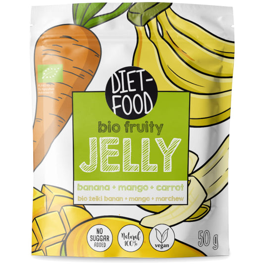Bio Gelees mit Banane, Mango und Karotte von DIET FOOD, 50g, fruchtige und gesunde Zubereitung in Glas.