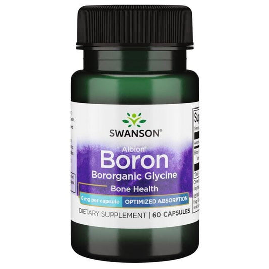 Bor 6 mg Kapseln von Swanson, 60 Stück, Nahaufnahme der braunen Kapseln in einer Packung.