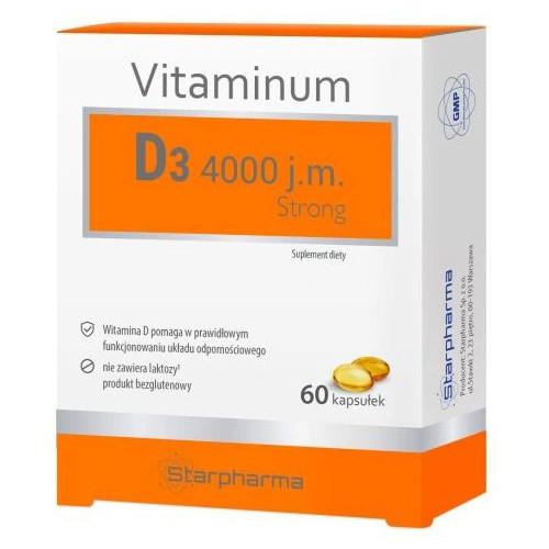 Vitamin D3 4000 Strong von Starpharma, 60 Kapseln, zeigt die Verpackung und Kapseln des Nahrungsergänzungsmittels.