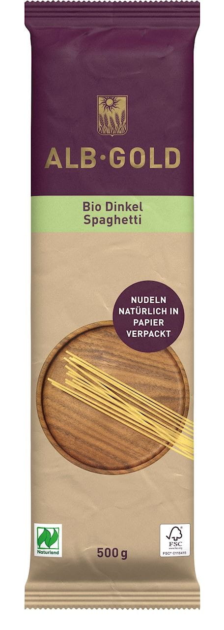 Bio Dinkelnudeln Spaghetti von ALB-GOLD, 500 g, rohes, getrocknetes Spaghetti aus Dinkelflocken für gesunde Mahlzeiten