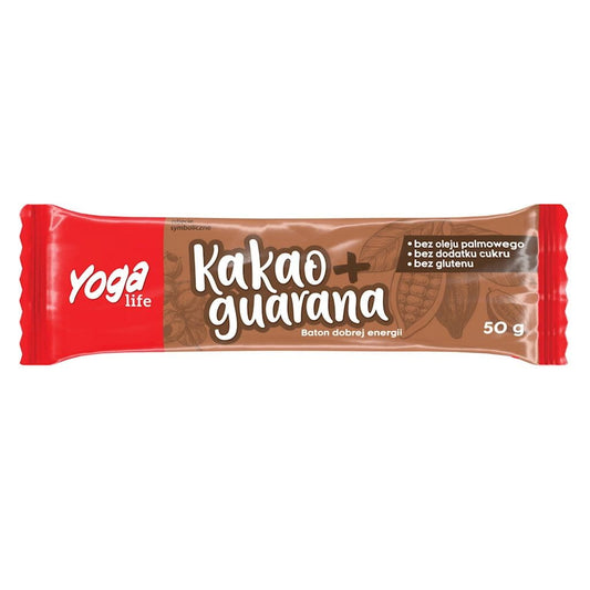 Fruchtiger Kakao Batón mit Guarana von YOGA LIFE, 50 g, zeigt den schokoladigen, energiereichen Snack in Verpackung.