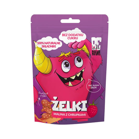 Himbeergelee ohne Zuckerzusatz mit Chips von Purella, 35 g, fruchtige und knusprige Süßigkeit in Glasverpackung