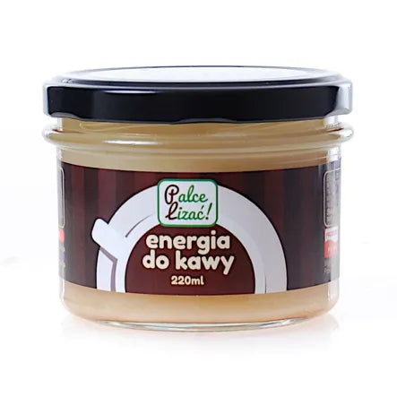 Kaffee-Energie mit Ghee-Butter von PALCE LIZAĆ, 220 ml Flasche, zeigt die Verpackung mit Produktbeschreibung und Branding