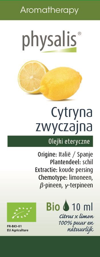 Ätherisches Zitronenöl BIO von PHYSALIS in 10 ml Flasche, zeigt die Flasche mit gelbem Öl und Zitronenfrüchten.