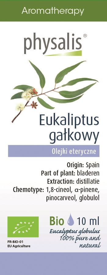 Ätherisches Eukalyptus-Öl BIO von PHYSALIS in 10 ml Flasche, zeigt die grüne Flüssigkeit und den Bio-Label auf der Verpackung.