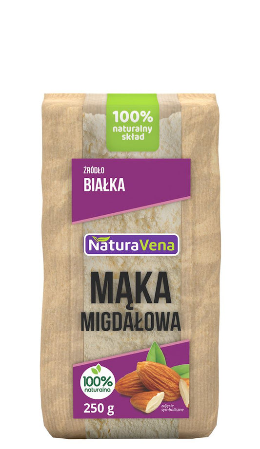 Mandelmehl von NaturaVena in 250 g Packung, feines, hellbraunes Mehl für Backrezepte, Nahaufnahme der Verpackung