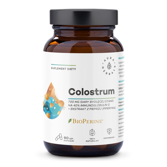 Kapseln von AURA HERBALS mit 700 mg Kolostrum und BioPerine, für das Immunsystem, in einer weißen Packung.