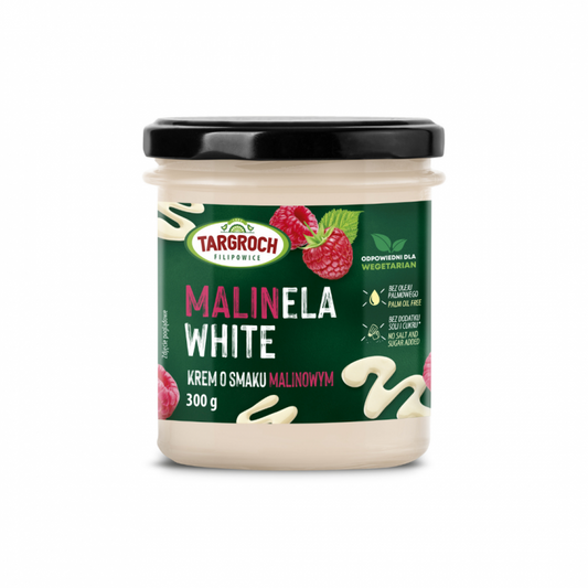 MALINELA WHITE Sahne mit Himbeergeschmack im Glasbehälter, 300 g, TAR-GROCH-FIL, cremig und fruchtig.
