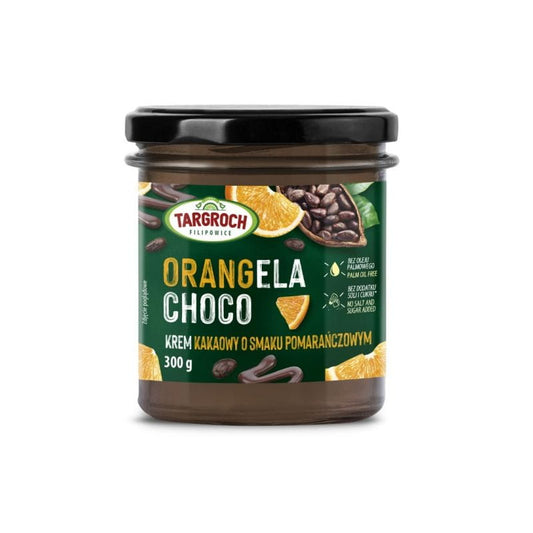 Orangela Choco Creme mit Orangengeschmack in Glasbehälter, 300 g, von TAR-GROCH-FIL auf einem Teller serviert
