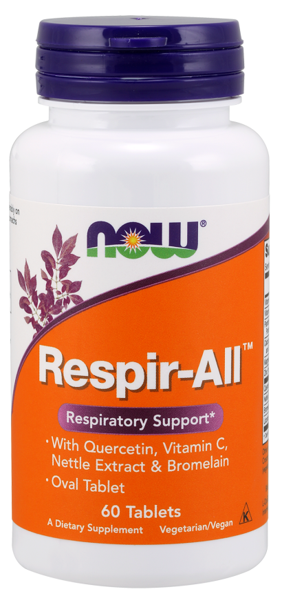 Blister mit 60 Respira-All Allergy Tabletten von NOW Foods, natürliche Unterstützung bei Allergien, auf weißem Hintergrund.