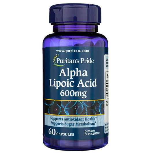 Puritan's Pride Alpha-Liponsäure (ALA) 600 mg Kapseln, 60 Stück, Nahaufnahme der Verpackung mit Kapseln.
