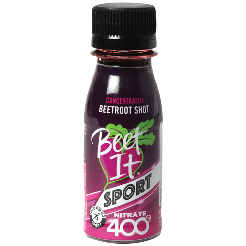 Beet It Shot 70ml mit 400mg Nitrat, braune Flasche mit rotem Etikett, Nahaufnahme des Nahrungsergänzungsmittels