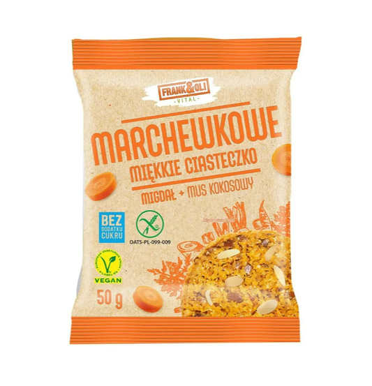 Frank&Oli Soft Karottenkuchen mit Kokosnussmark und Rosinen, 50g, weicher Kuchen mit Karotten, Kokos und Rosinen.