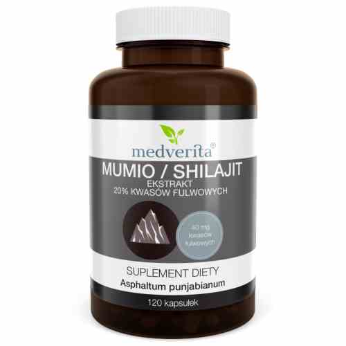 Medverita Mumio/Shilajit Kapseln, 120 Stück, Nahaufnahme der Kapseln in einer offenen Packung auf weißem Hintergrund