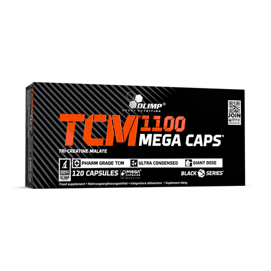 Olimp TCM 1100 mg Mega Caps, 30 Kapseln, Nahaufnahme der schwarzen Kapseln in einer Blisterpackung