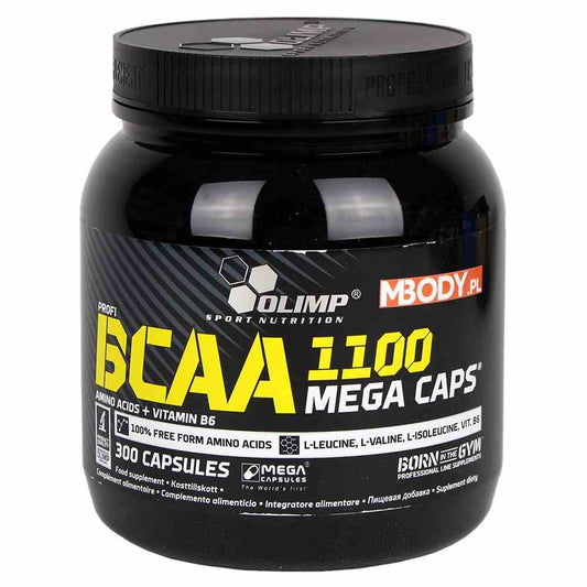 Olimp BCAA Mega Caps, 300 Kapseln, Nahaufnahme der schwarzen Kapseln in einer Dose auf weißem Hintergrund